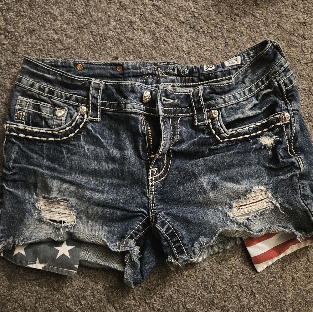 Stylish Distressed Miss Me With American Flag Pocket Details